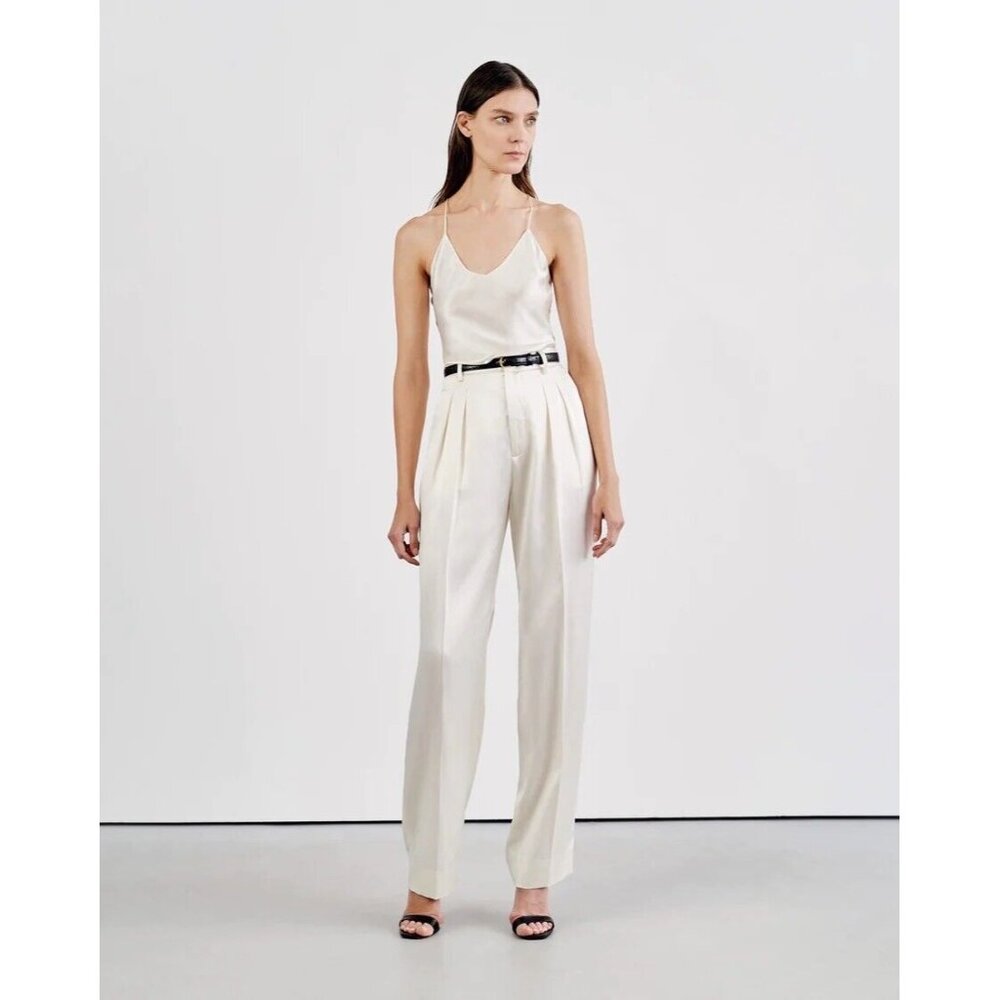 NILI LOTAN Etienne Pleated Pants Ivory White Silk High Waisted
